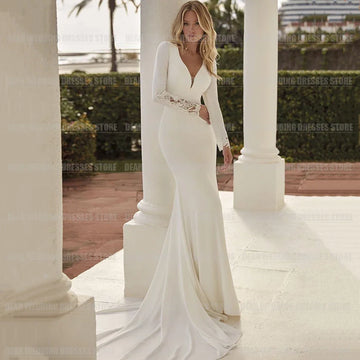 Runhufu Elegant Wedding Dresses For Woman Mermaid Long Sleeve Train Sexy V Neck Backless Satin 2024 Bride Gowns Vestido De Novia